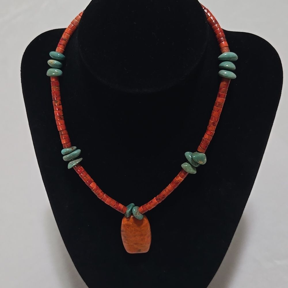 Natural Turquoise And Coral Sterling Silver Necklace